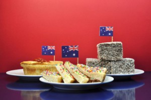 From left to right: meat pie, fairy bread and lamingtons.